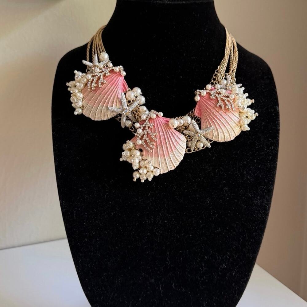 Betsey Johnson Shell Necklace Starfish Pearl Pink Gold Statement Chunky - Picture 11 of 11